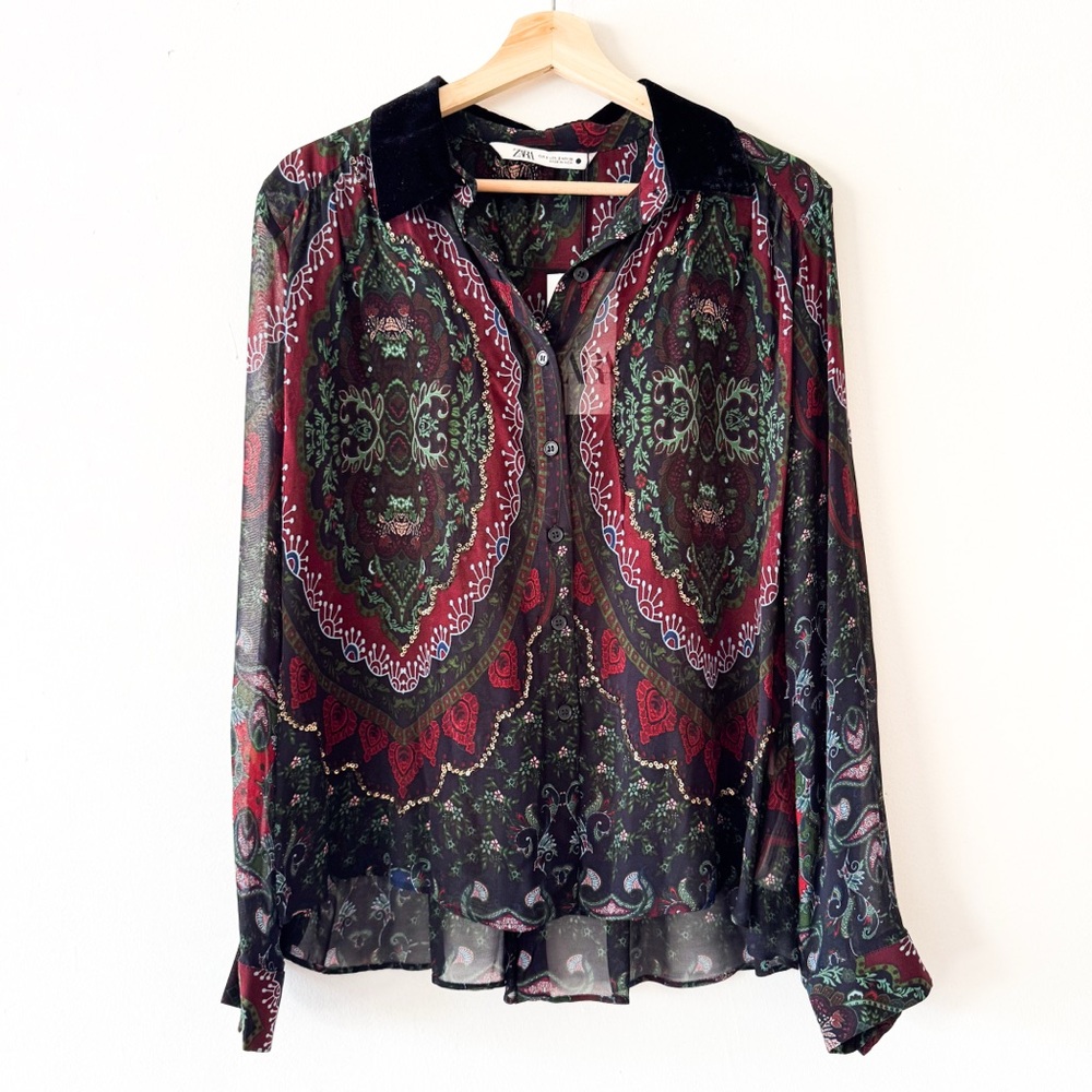 Zara Paisley Printed Black Velvet Sequin Blouse Size Small